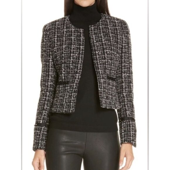 BOSS Hugo Boss Kalali Cropped Tweed Blazer Jacket Black White Size 12 - Picture 1 of 8